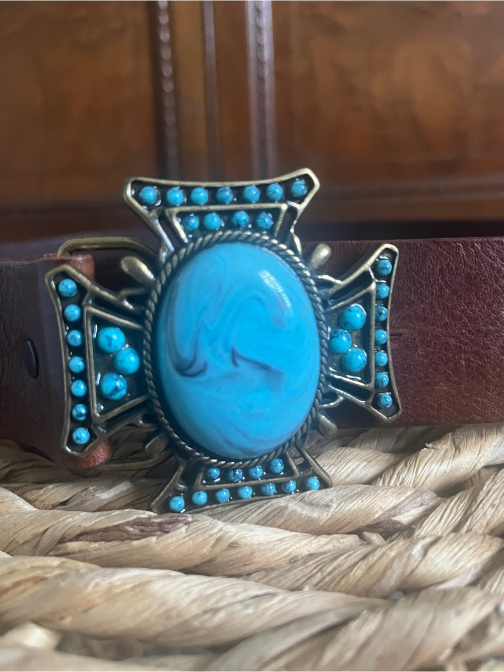 Oleg Cassini Turquoise Blue Cross Belt Buckle